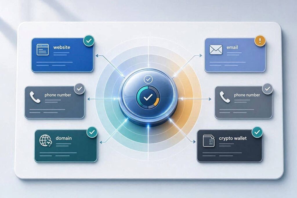 Premium FactAdviser-themed illustration showing a central Verification Hub checking a website, email, phone number, domain, and crypto wallet before displaying a trust result.