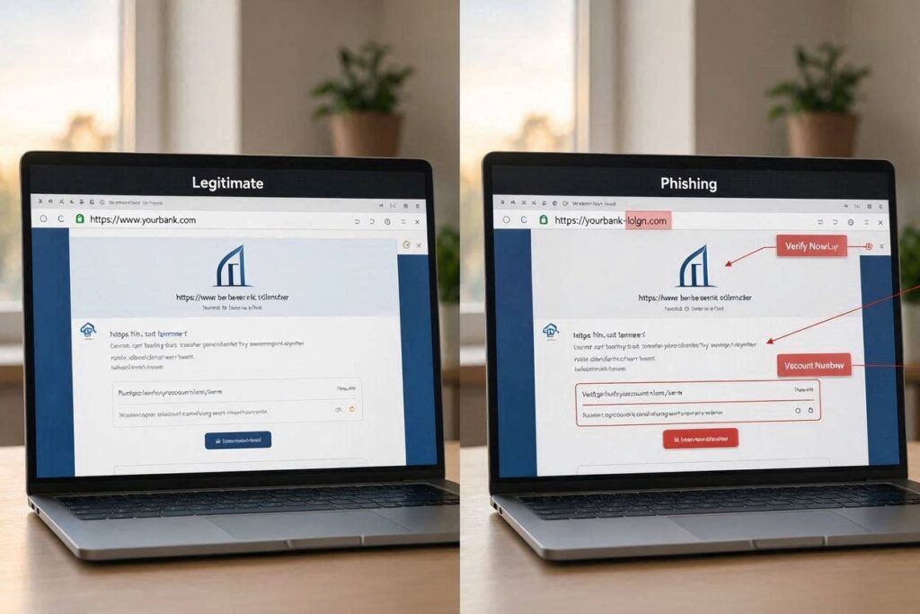 Side-by-side comparison showing a legitimate website and a phishing website with highlighted warning signs