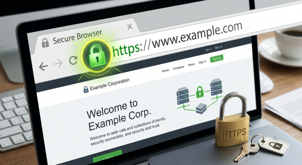 Browser showing HTTPS with padlock icon highlighted.